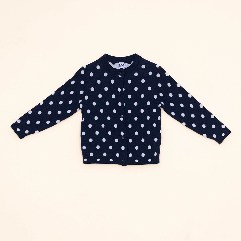 Cardigan Azul Oscuro de Tela Tipo Cashemira con Puntos Blancos para Bebé Niña