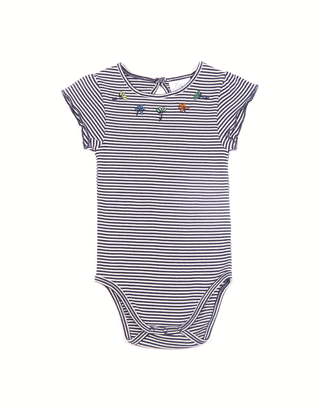 BODY M/C, Body para bebé niña de rayas azules y blancas con flores en el cuello.
