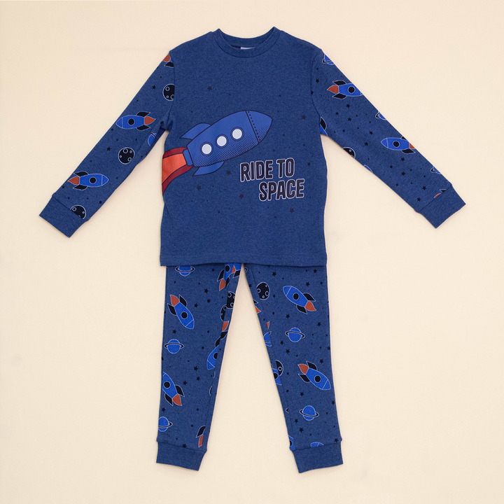 Pijama Azul de Algodón con Gráfico y Estampado de Cohetes para Niño