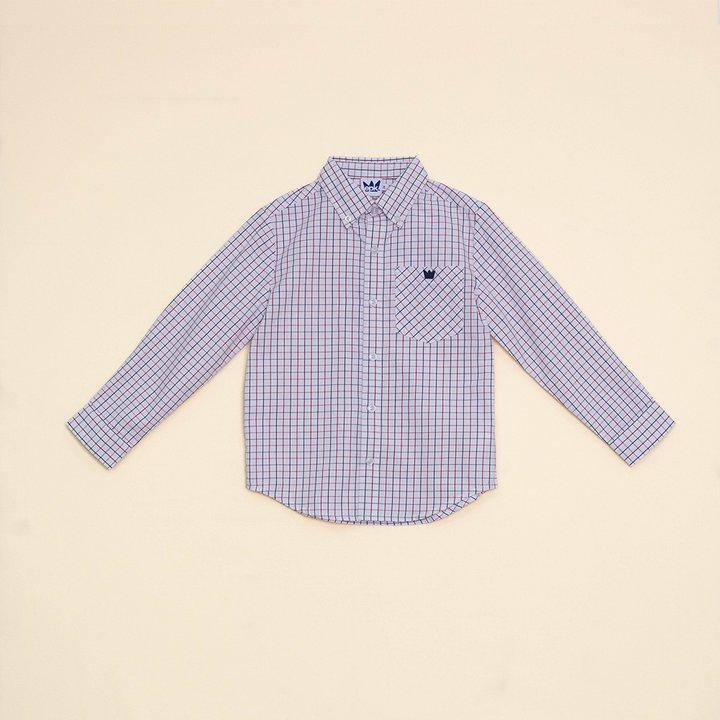 Camisa Blanca Manga Larga de Popelina con Cuadros Azules y Rojos para Niño