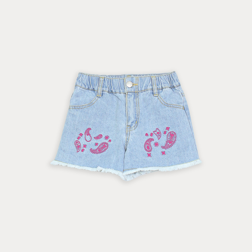 Short De Jean Azul Claro Con Bordado De Bacterias Fucsia Para Niña