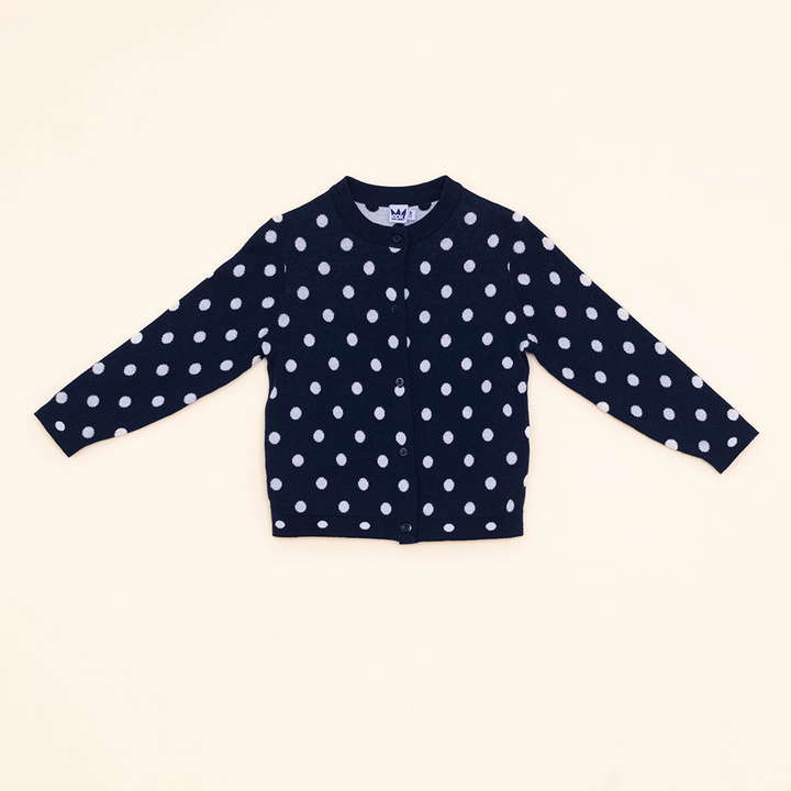 Cardigan Azul Oscuro de Tela Tipo Cashemira con Puntos Blancos para Bebé Niña