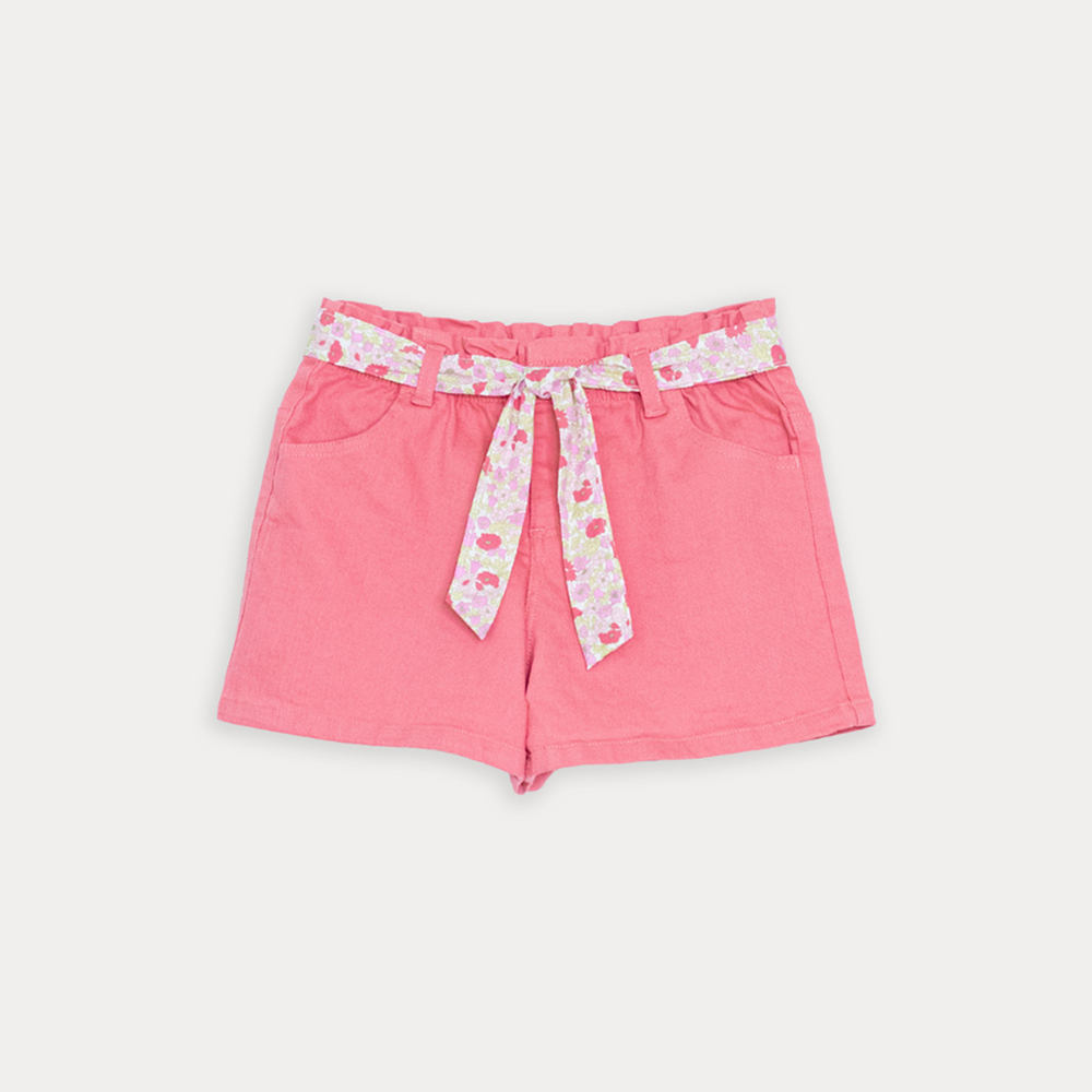 Shorts De Twill Rosado Guayaba Con Cinturón De Popelina Con Estampado Floral Para Niña