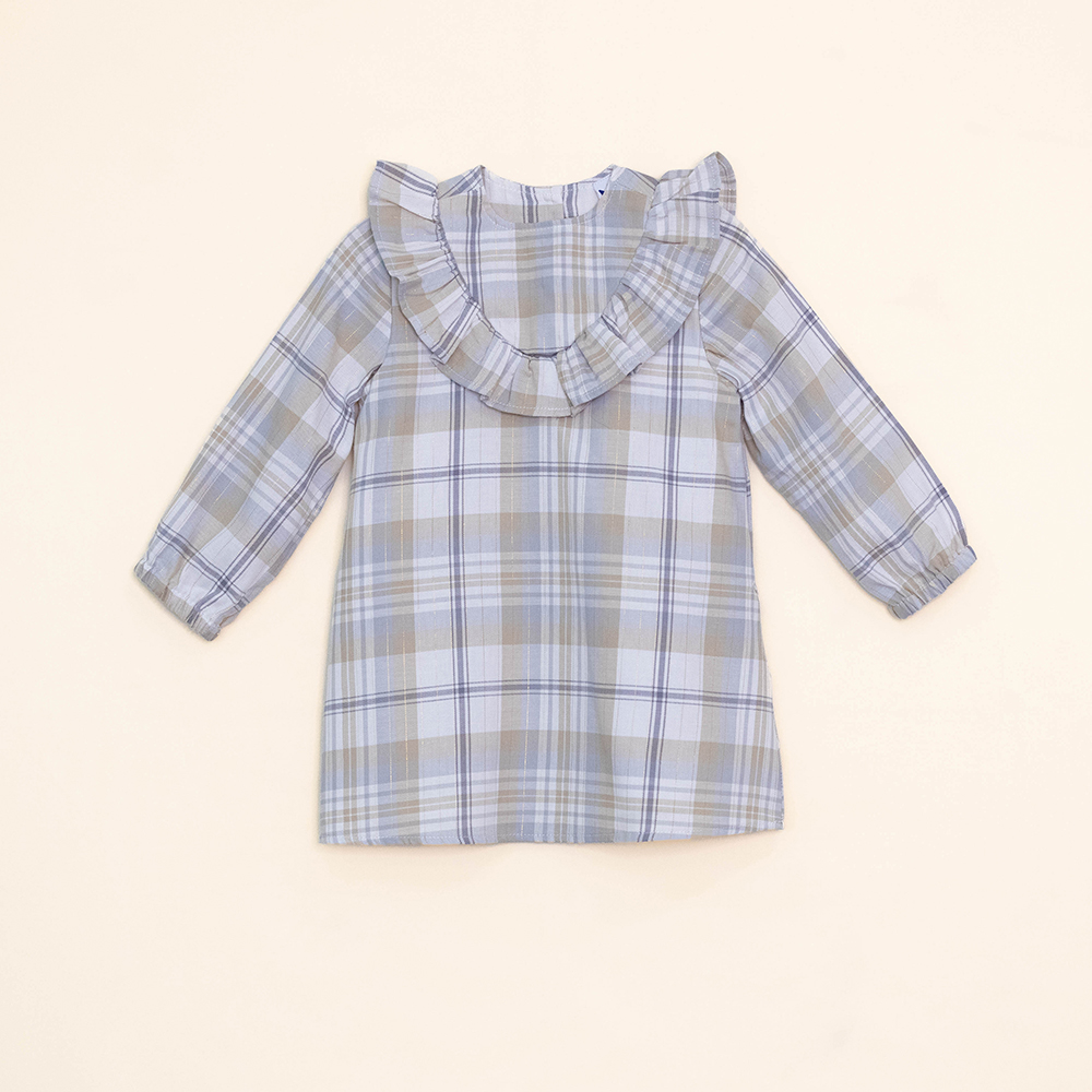 Vestido de Flanel Twill de Cuadros Grises y Crema con Rayas Doradas para Bebé Niña