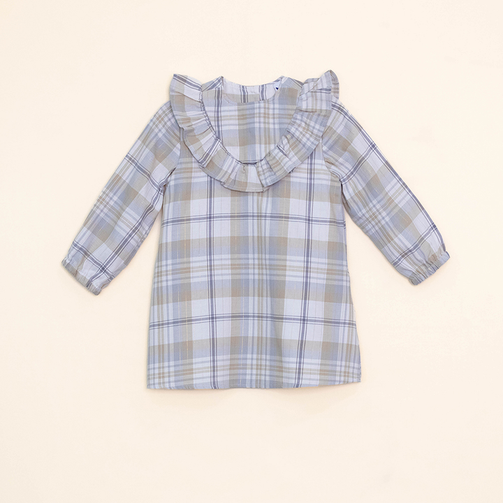 Vestido de Flanel Twill de Cuadros Grises y Crema con Rayas Doradas para Bebé Niña