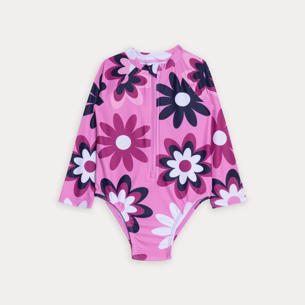 Traje De Baño Manga Larga Rosado Con Estampado De Flores Grandes Para Bebe Niña