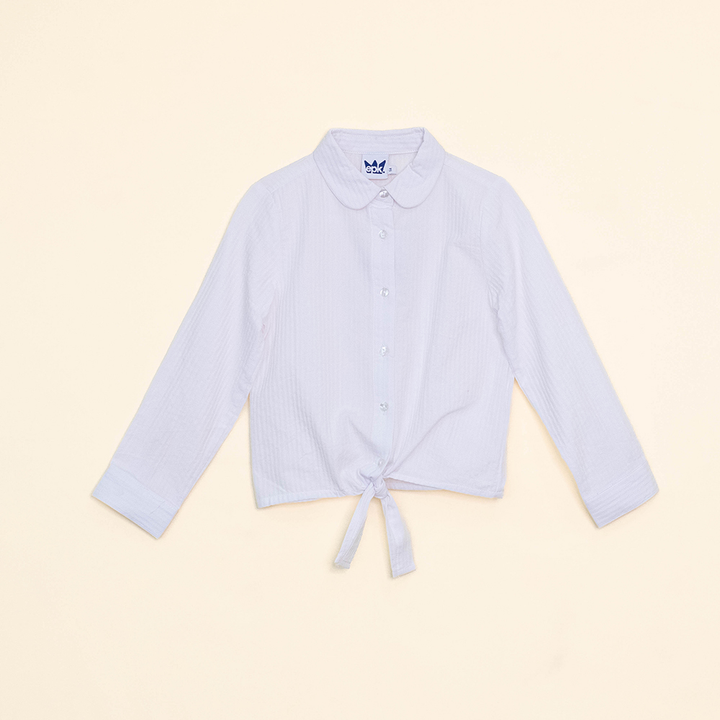 Blusa Blanca Manga Larga con Textura de Rayas para Niña