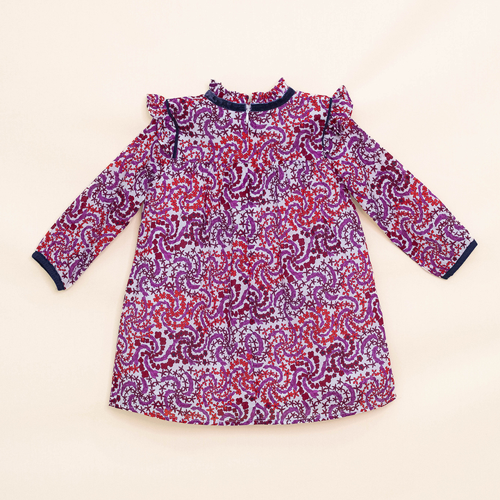 Vestido de Popelina Ligera con Estampado Rojo y Morado Manga Larga para Bebé Niña