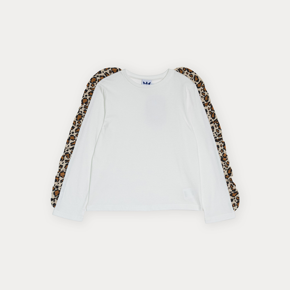Franela De Algodón Crema Manga Larga Con Volantes De Leopardo Para Niña