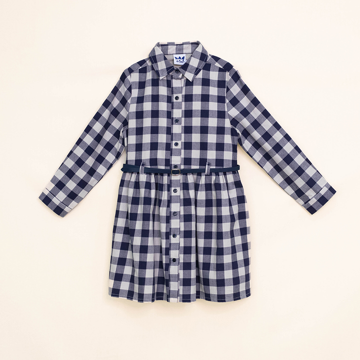 Vestido de Flannel con Estampado de Cuadros Azules y Crema, con Cinturón, para Niña
