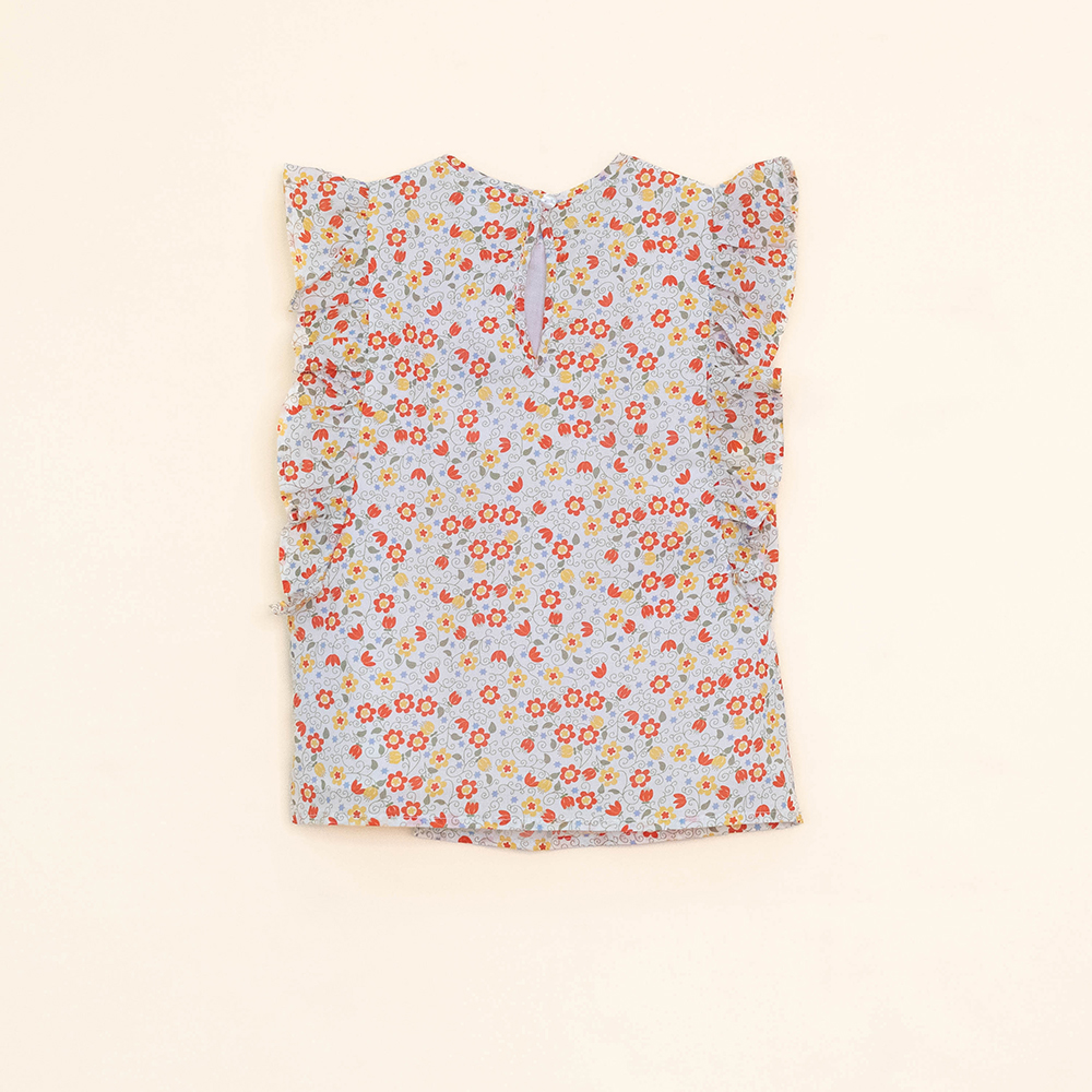 Blusa Sin Mangas de Popelina Ligera con Estampado de Flores Anaranjadas y Amarillas para Niña