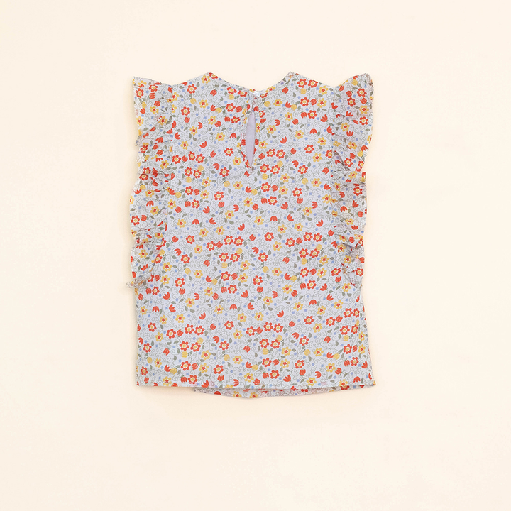 Blusa Sin Mangas de Popelina Ligera con Estampado de Flores Anaranjadas y Amarillas para Niña