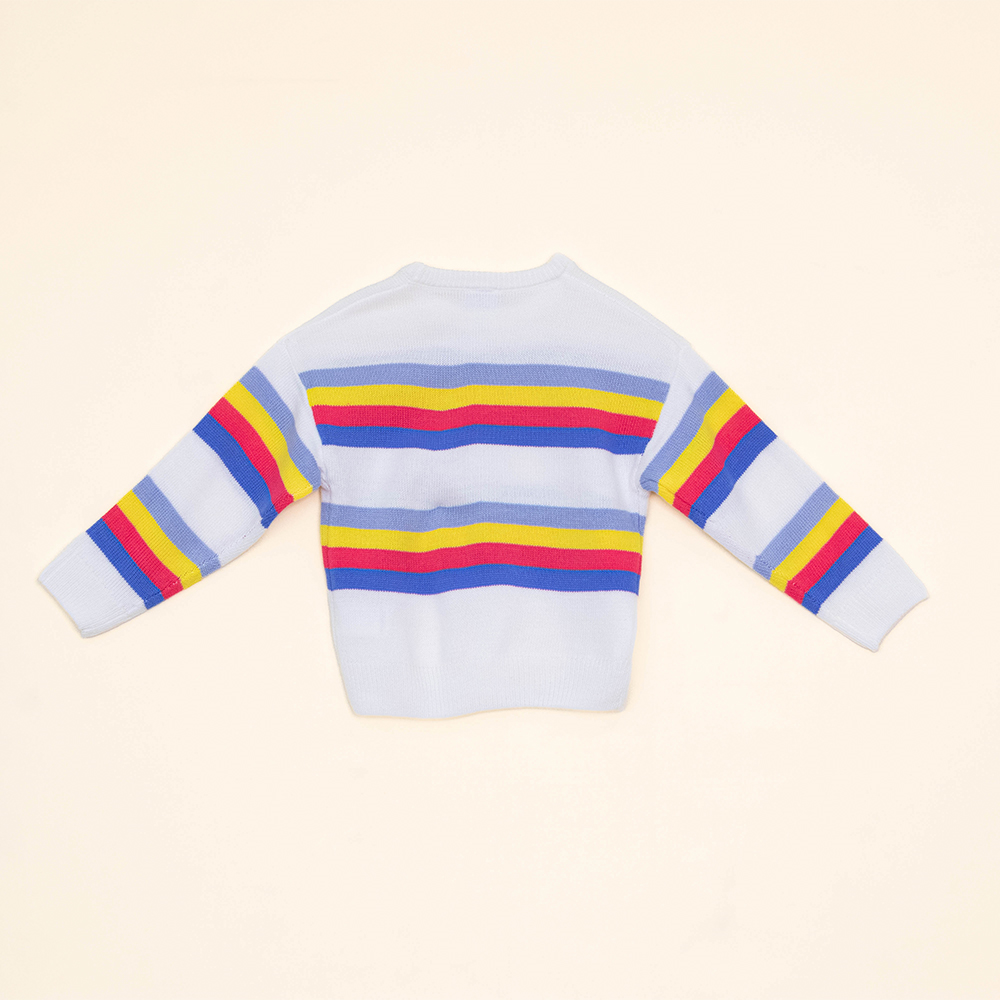 Sueter Blanco con Rayas Azules, Amarillas y Rosadas para Niña