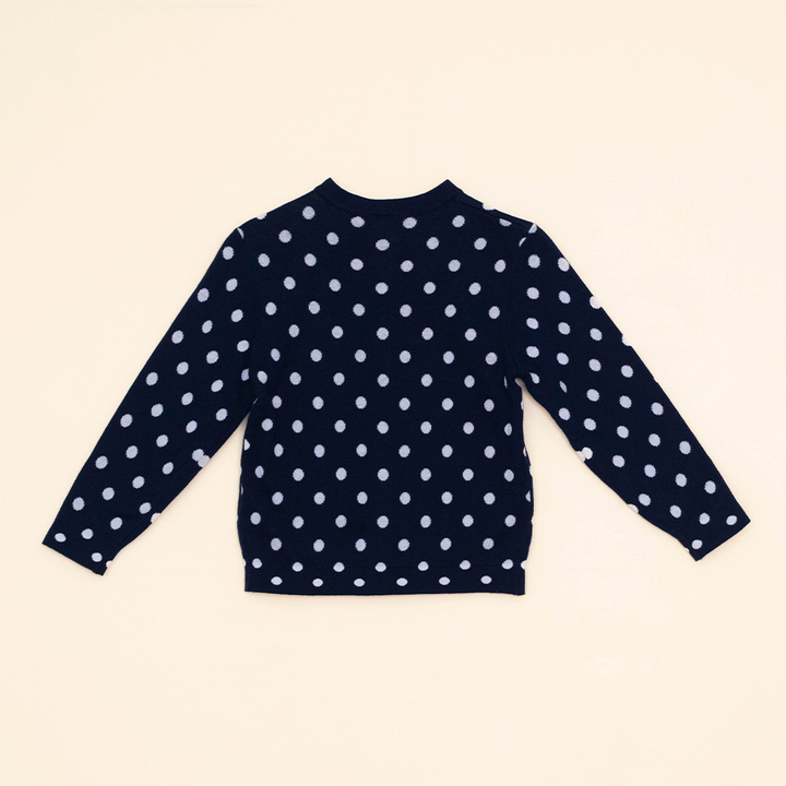Cardigan Azul Oscuro de Tela Tipo Cashemira con Puntos Blancos para Niña