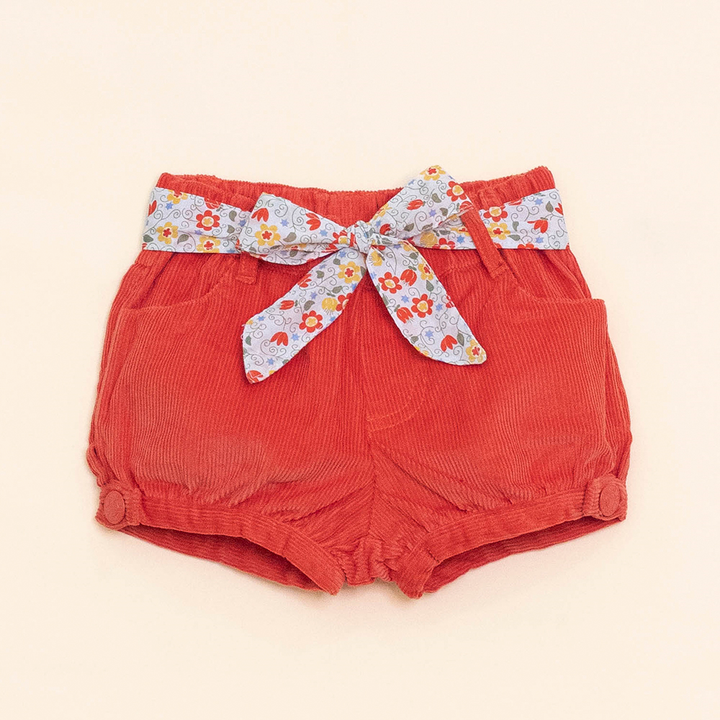 Short Anaranjado de Corduroy con Cinturón Estampado para Bebé Niña