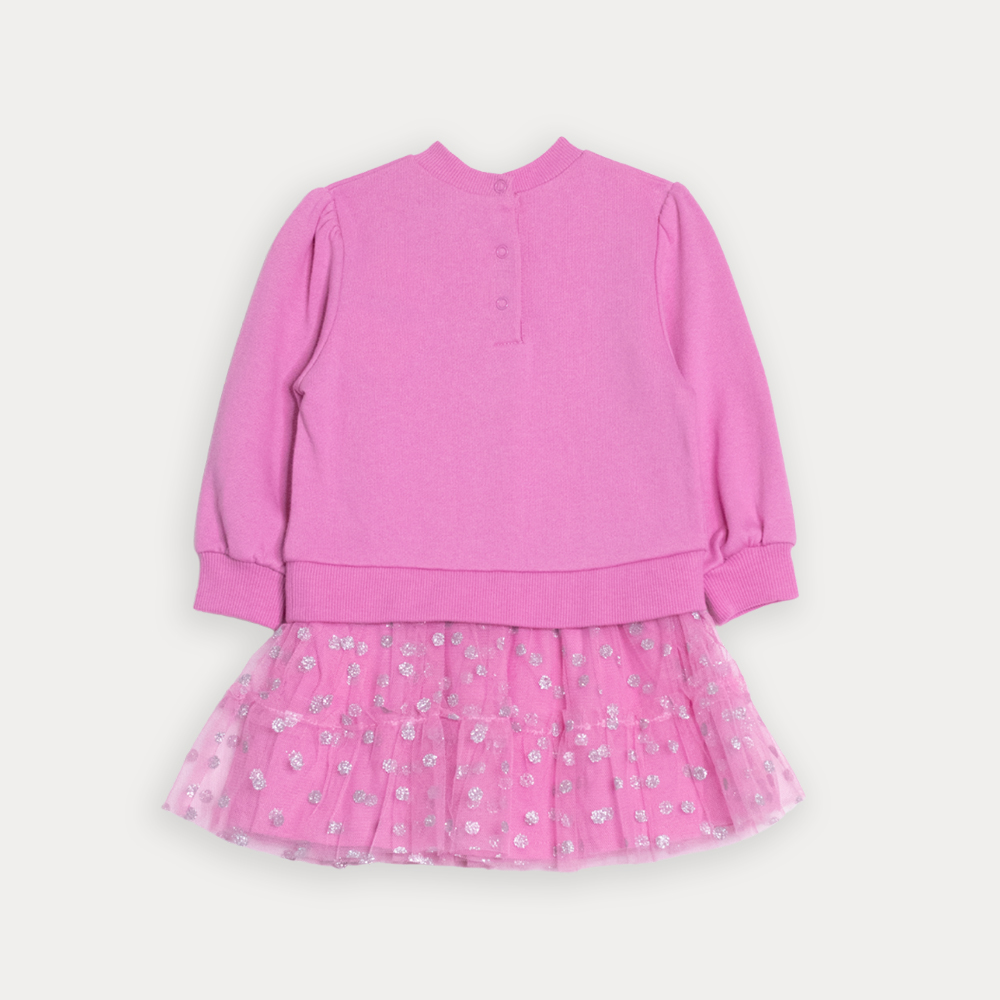 Vestido De Algodon Rosado Manga Larga Con Falda De Tull Y Estampado De Punticos Plateados Para Bebe Niña