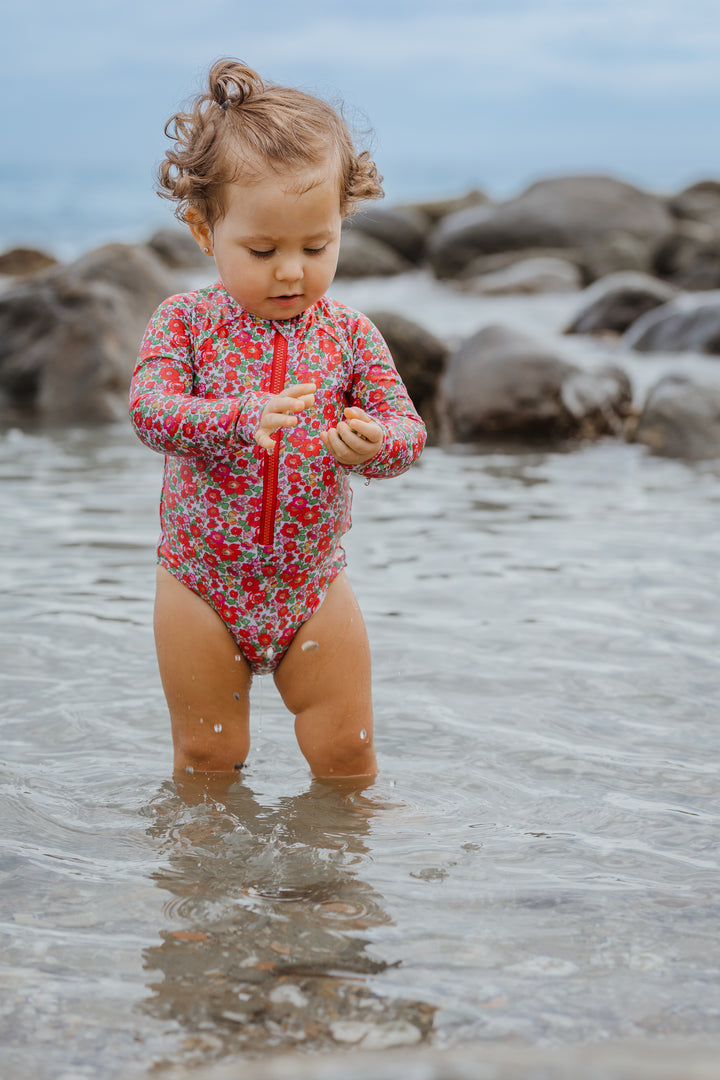 Traje de baño manga larga con estampado de flores multicolor para Bebé Niña