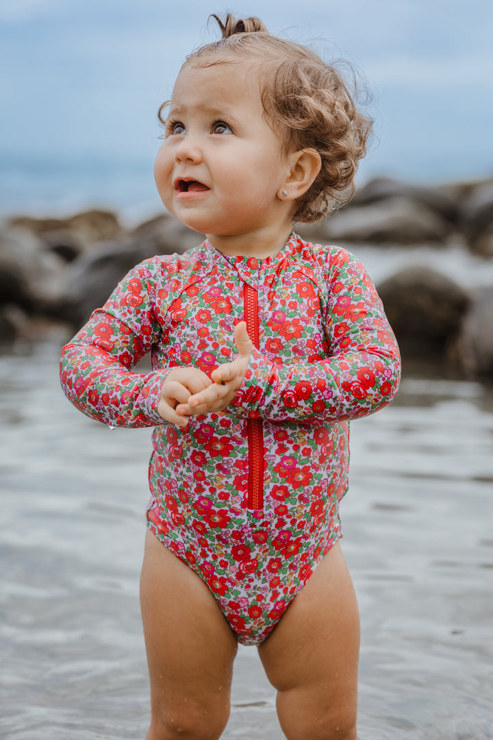 Traje de baño manga larga con estampado de flores multicolor para Bebé Niña