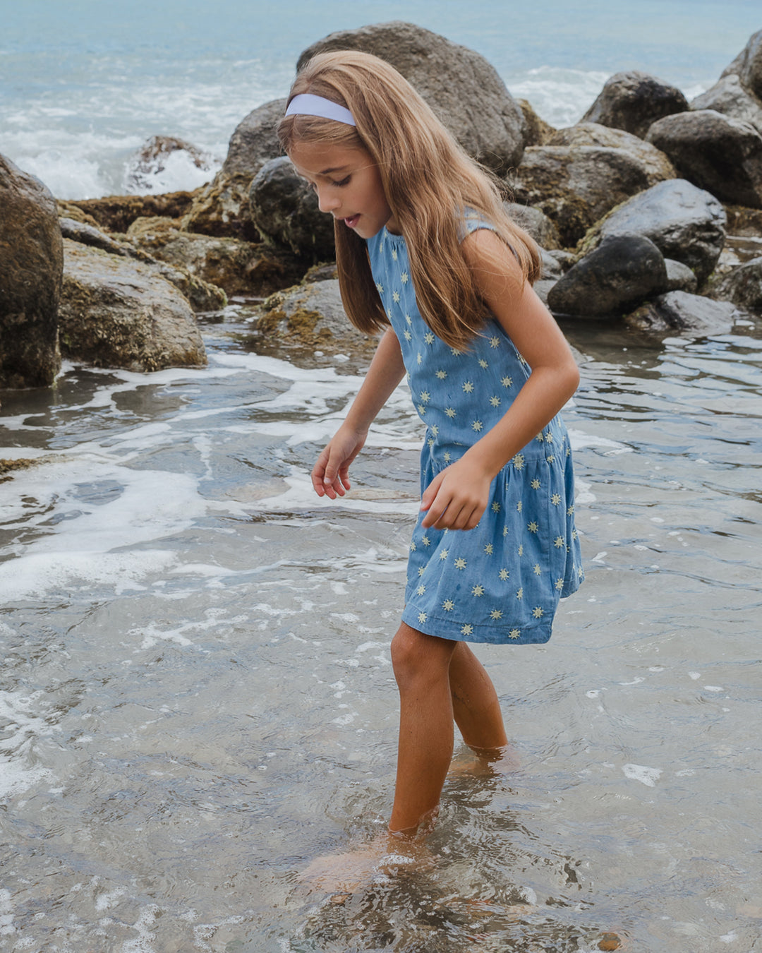 Vestido azul con soles amarillos