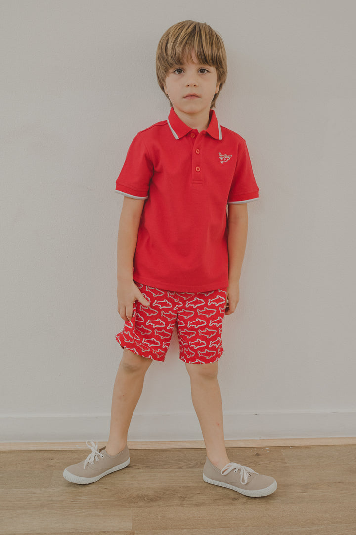 Traje de baño rojo de tiburones blancos y grises para Niño