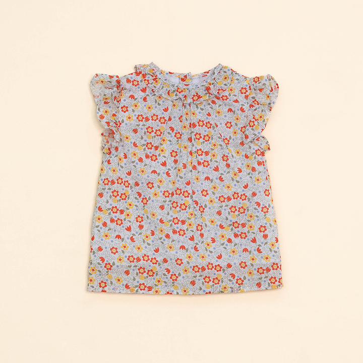 Blusa Sin Mangas de Popelina Ligera con Estampado de Flores Anaranjadas y Amarillas para Bebé Niña