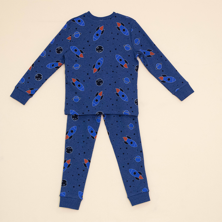 Pijama Azul de Algodón con Gráfico y Estampado de Cohetes para Niño