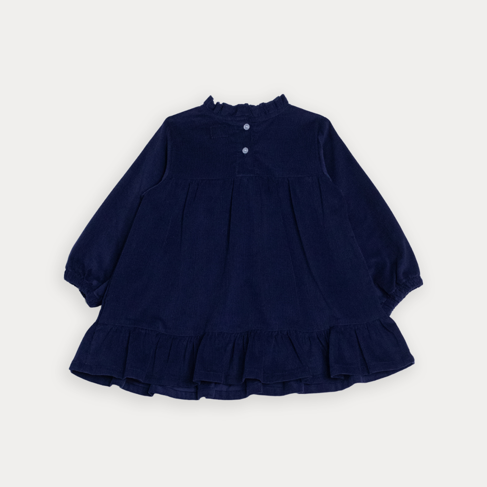Vestido De Corduroy Azul Marino Manga Larga Con Detalle Bordado Rojo Para Bebe Niña