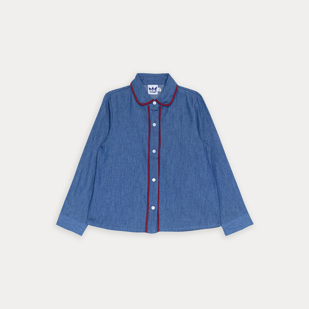 Camisa De Chambray Manga Larga Con Detalle Vinotinto En En Cuello Y Frente Para Niña