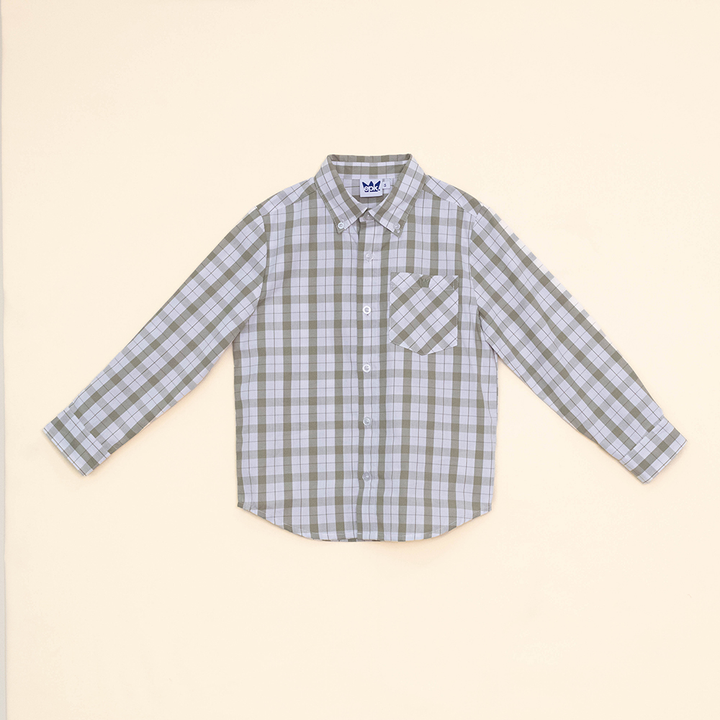 Camisa Manga Larga de Popelina con Cuadros Blancos y Verdes para Niño