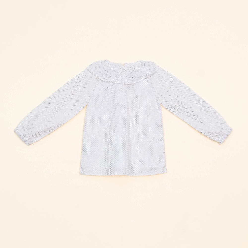 Blusa Manga Laga Color Crema de Algodón, con Bordado Dorado de Flores en el Cuello para Bebé Niña