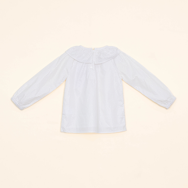 Blusa Manga Laga Color Crema de Algodón, con Bordado Dorado de Flores en el Cuello para Bebé Niña