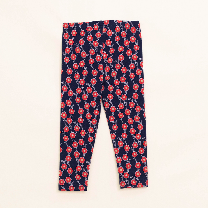 Legging Azul Oscuro de Algodón con Estampado de Flores Rojas para Bebé Niña