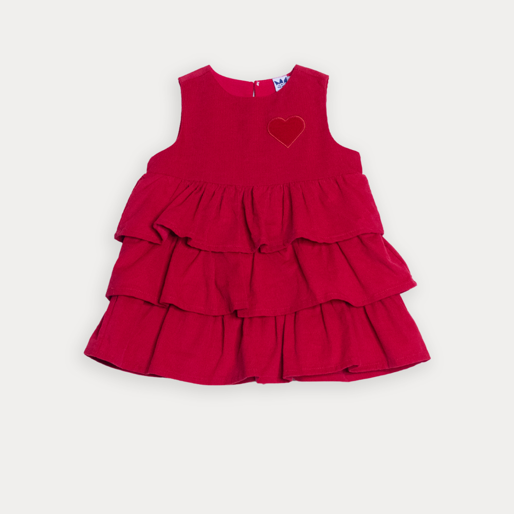Vestido De Corduroy Rojo Con Volantes Y Parche De Terciopelo Vinotinto De Corazón Para Bebe Niña