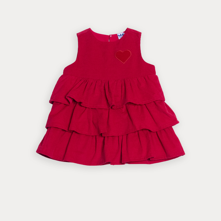 Vestido De Corduroy Rojo Con Volantes Y Parche De Terciopelo Vinotinto De Corazón Para Bebe Niña