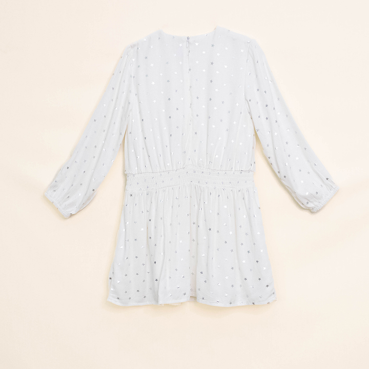 Vestido Blanco Manga Larga con Estampado de Estrellas Plateadas para Niña
