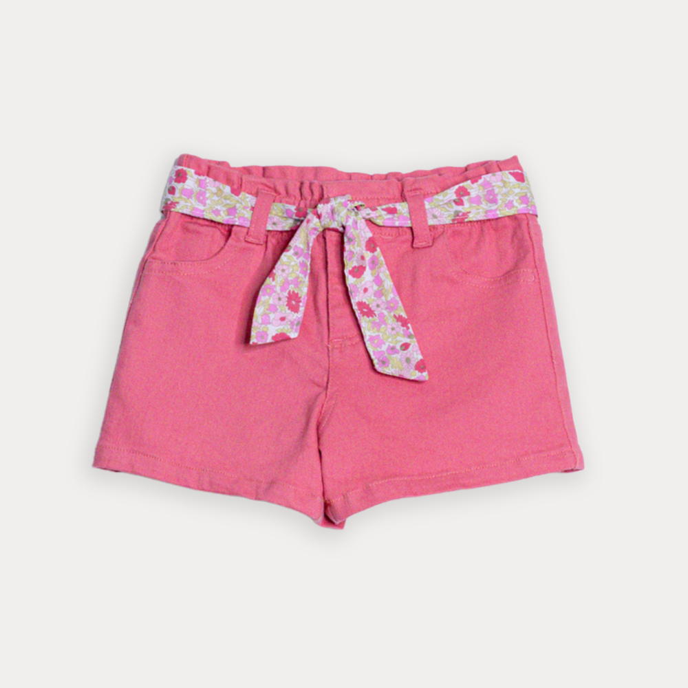 Short De Twill Rosado Guayaba Con Cinturón De Popelina Con Estampado Floral Para Bebe Niña