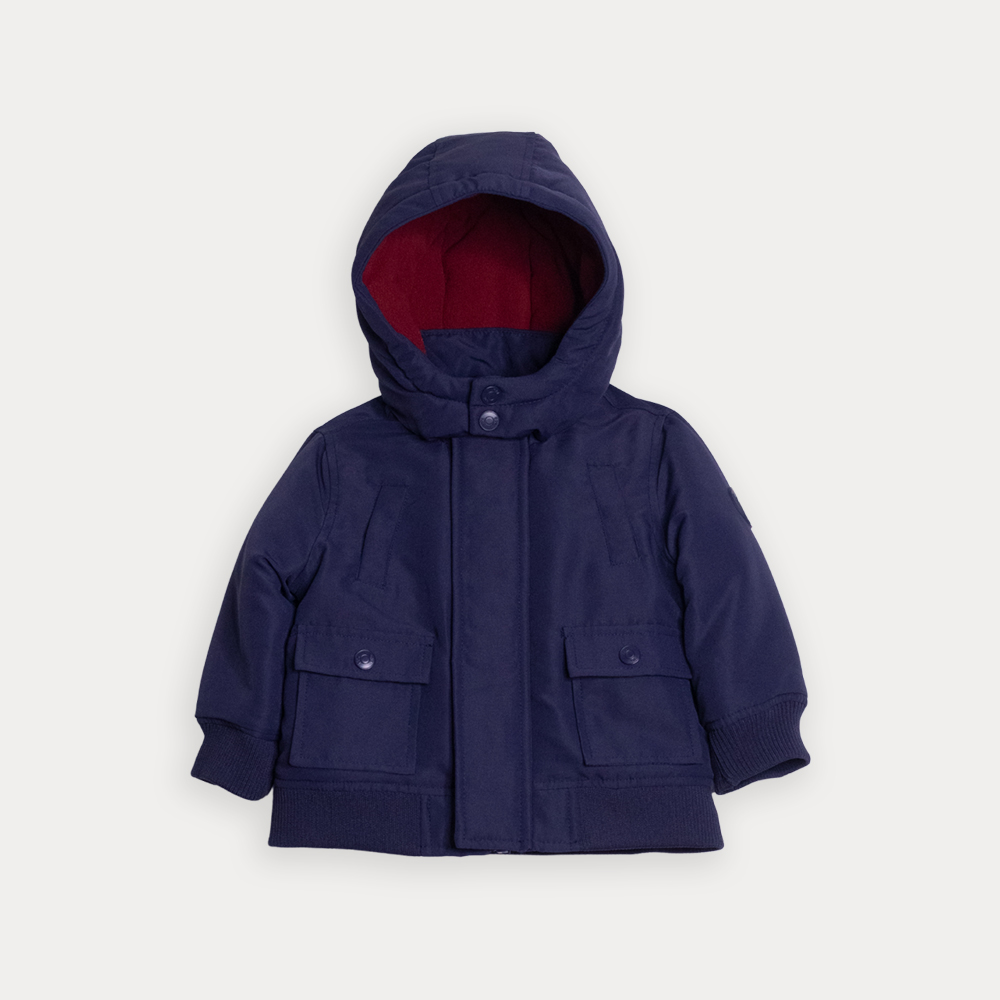 Chaqueta Acolchada Azul Marino Con Forro Rojo Y Capucha Para Bebe Niño