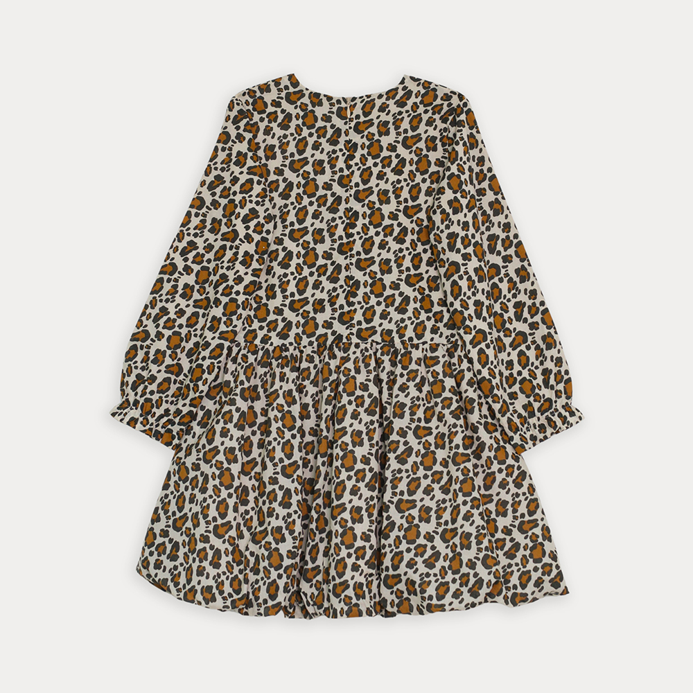 Vestido De Popelina Ligera Manga Larga Con Estampado De Leopardo Para Niña