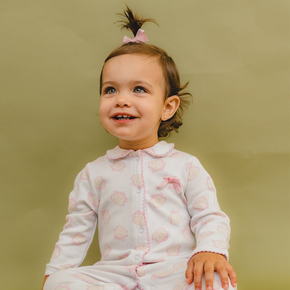 Pijama Blanca de Algodón con Gráficos de Monitos Rosados Bebé Niña