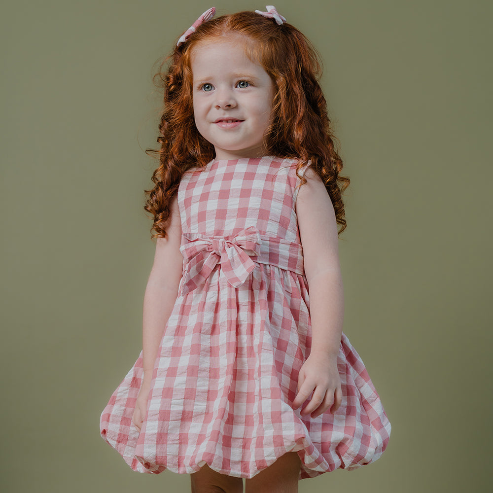 Vestido de Cuadros Rosado y Crema de Sirsoca, con Lazo, para Bebé Niña