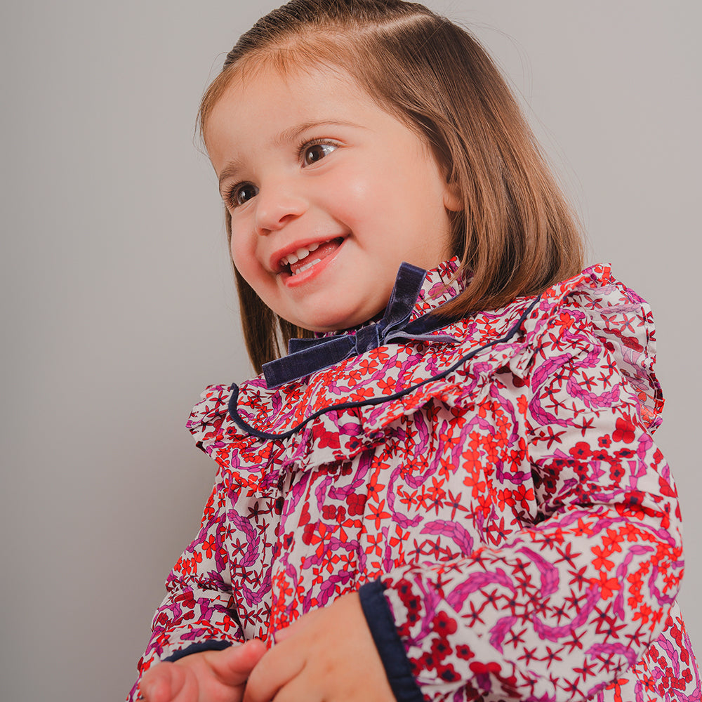 Vestido de Popelina Ligera con Estampado Rojo y Morado Manga Larga para Bebé Niña