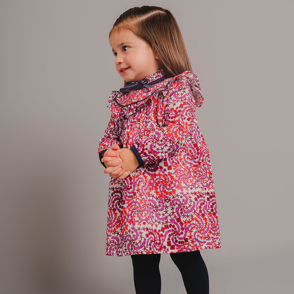 Vestido de Popelina Ligera con Estampado Rojo y Morado Manga Larga para Bebé Niña