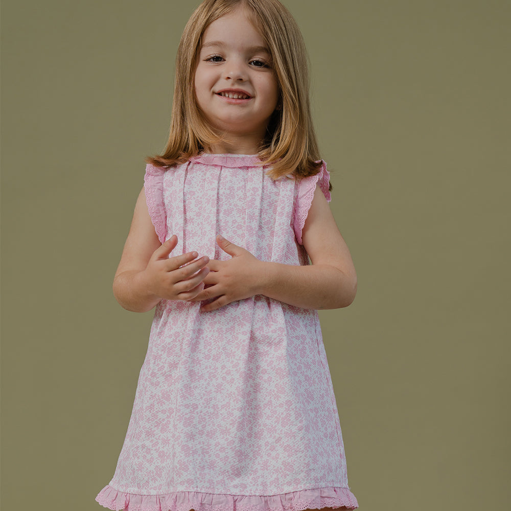 Vestido de Piqué Blanco Sin Mangas con Estampado de Flores Rosadas para Bebé Niña