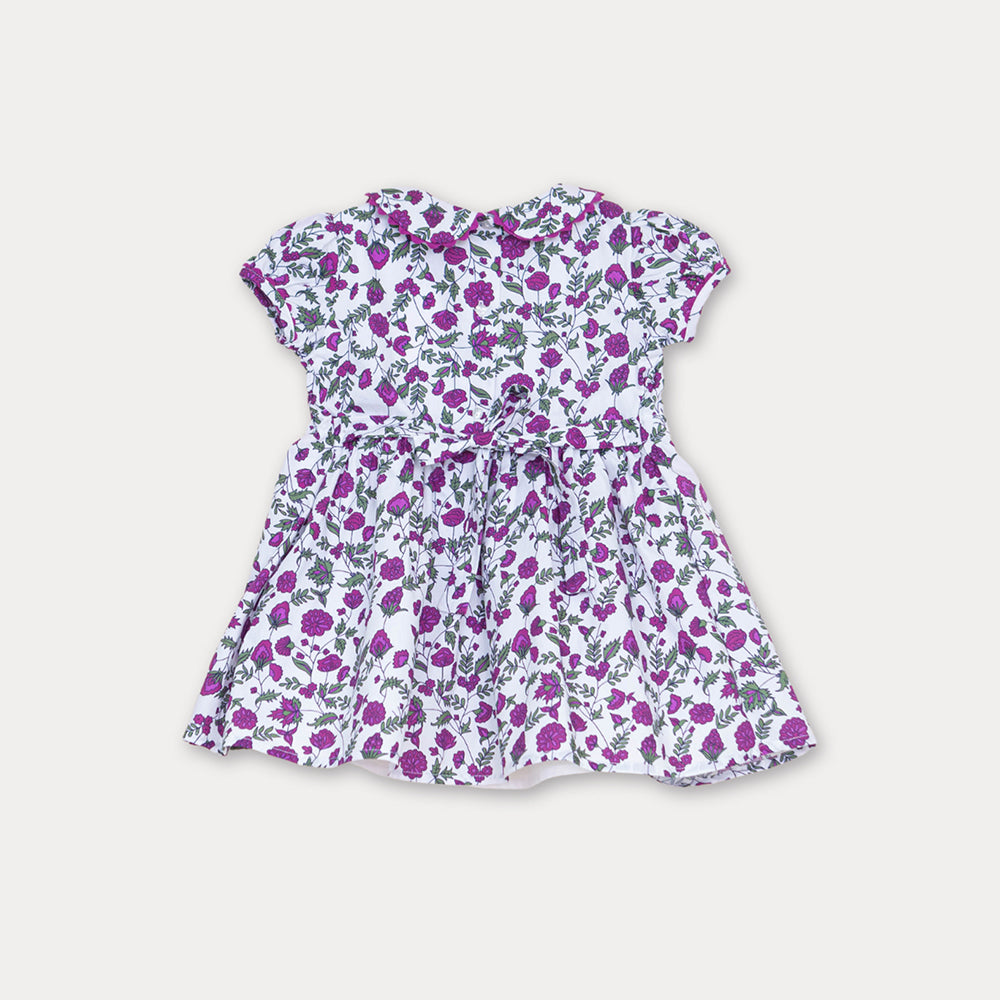 Vestido Blanco Manga Corta de Popelina, con Estampado de Flores Moradas y Nido de Abeja, para Bebé Niña