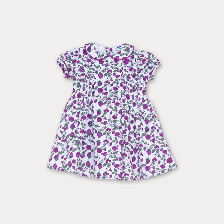 Vestido Blanco Manga Corta de Popelina, con Estampado de Flores Moradas y Nido de Abeja, para Bebé Niña
