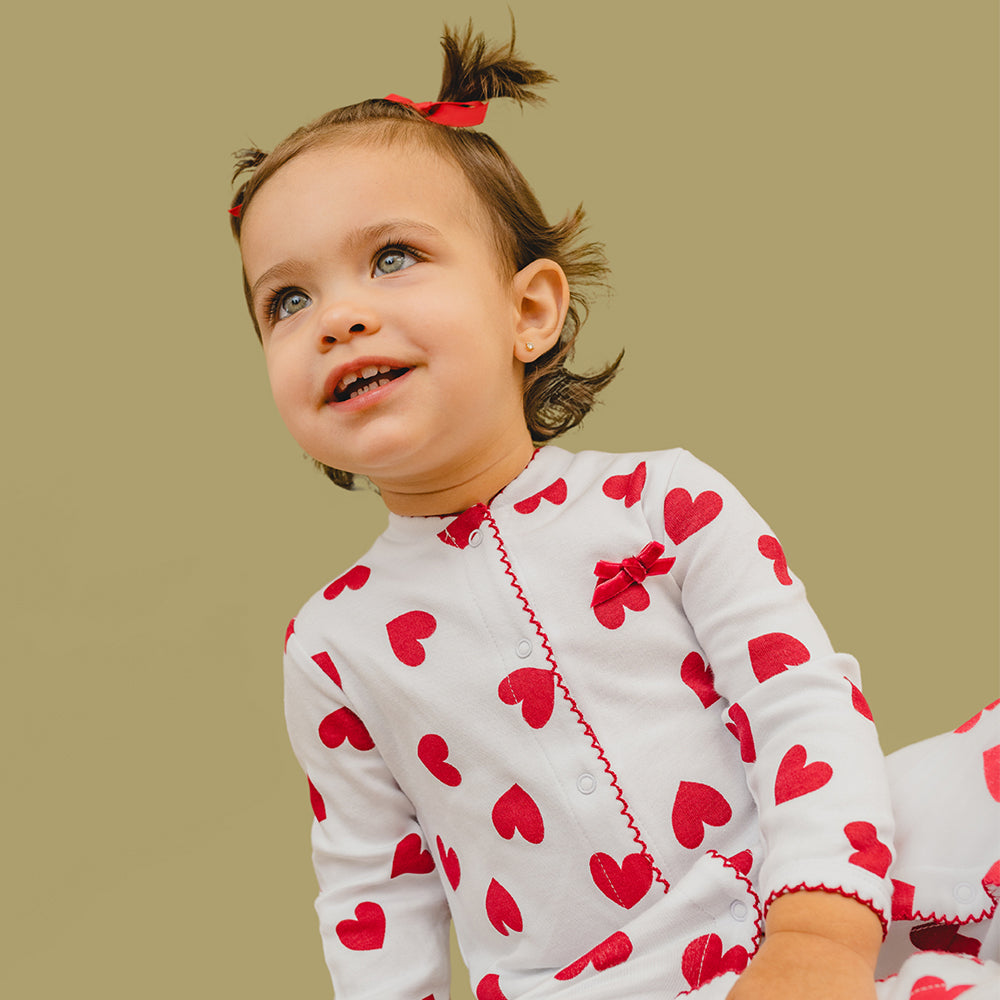 Pijama Blanca enteriza de Algodón con Corazones Rojos para Bebé Niña