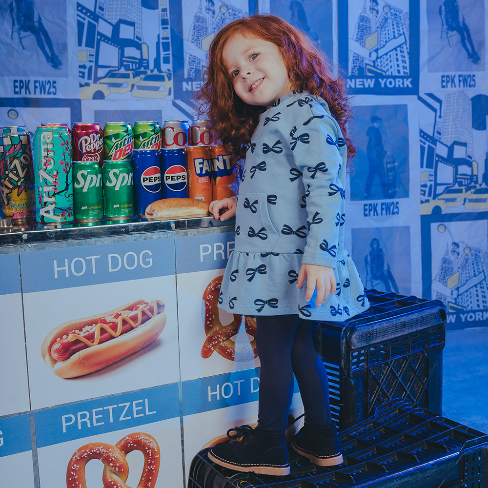 Vestido Azul Manga Larga de Algodón con Estampado de Lazos y Capucha para Bebé Niña