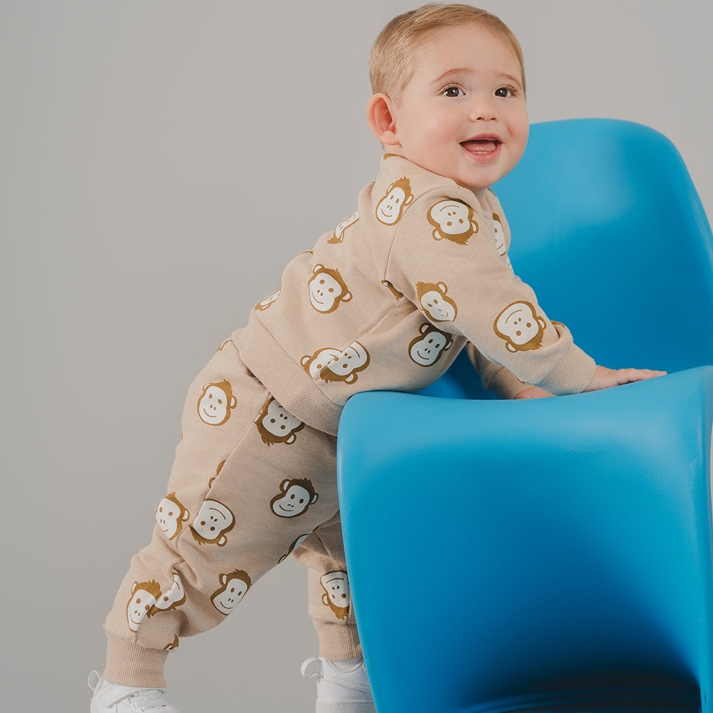 Mono Marrón de Algodón con Estampado de Monitos para Bebé Niño