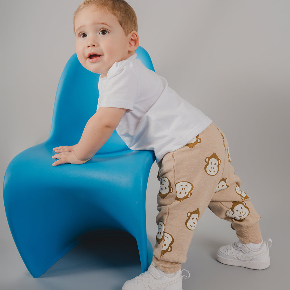 Mono Marrón de Algodón con Estampado de Monitos para Bebé Niño
