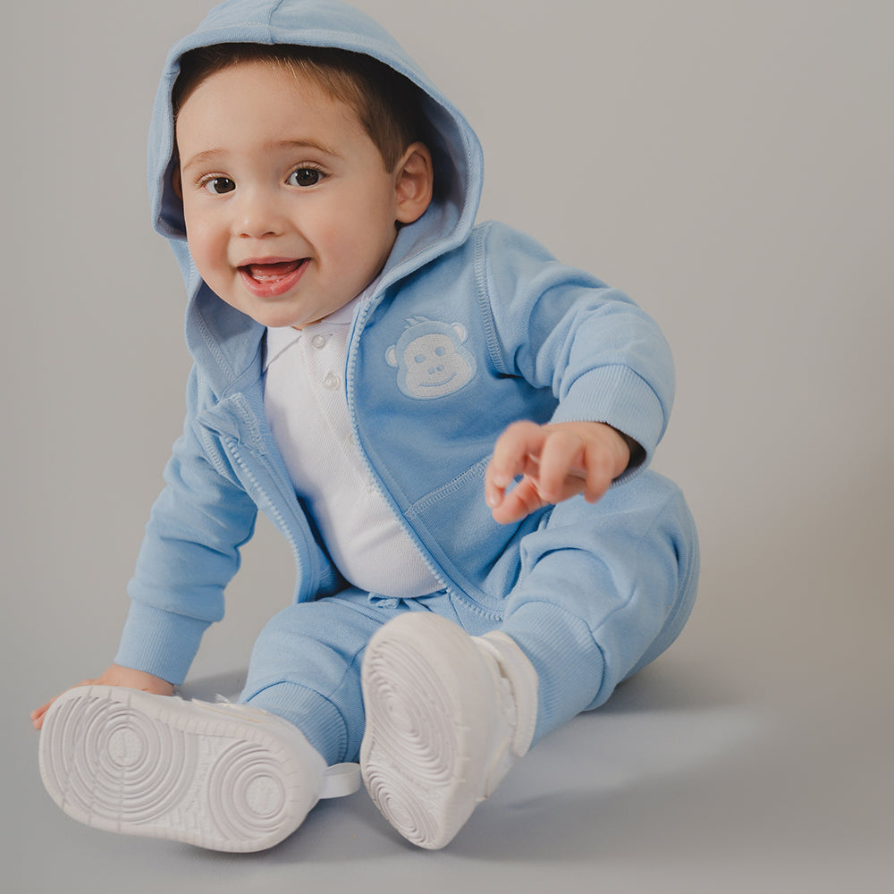 Suéter Azul Claro de Algodón con Bordado de Mono, Cierre y Capucha,  para Bebé Niño